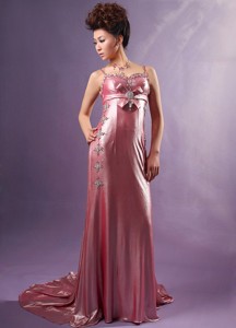 Silk Like Satin Spaghetti Straps Watteau Train Beading Prom / Evening Dress Light Pink In Clevedon A