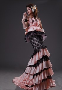 Whitefish Mermaid Light Pink And Black Taffeta And Lace Appliques Brush Train Ruffled Layers Pr