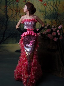 Paillette Over Skirt Strapless Sequins Prom Dress Mermaid Hot Pink Floor-length