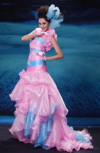 Mermaid /Trumpet Pink and Aqua Blue Organza Brush/Sweep Strapless Prom Dress