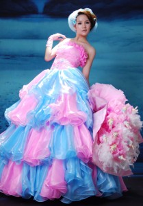 Princess Pink And Aqua Blue Organza Floor-length Strapless Beading Prom Dress