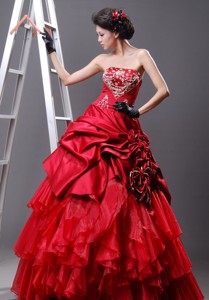 Corinth Beaded Decorate Bust Strapless Hand Made Flowers Floor-length Red Taffeta And Organza P