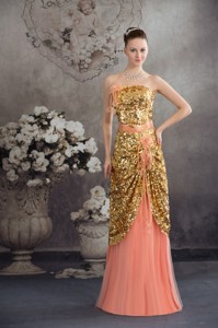 Beautiful Gold Paillette and Flowers Accent Prom Celebrity Dress in Peach