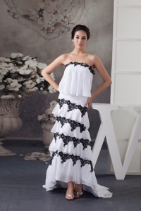 High Low Layers Prom Dress in White with Black Beaded Appliques