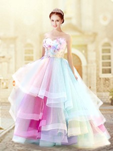 Romantic Rainbow Prom Dress with Hand Made Flowers and Ruffled Layers