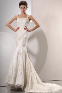 Exquisite Wide Straps Mermaid Lace Court Train Wedding Dress 