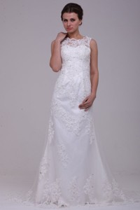 Column High Neck Appliques Lace Wedding Dress with Brush Train 