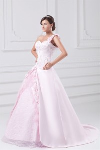 Flowers One Shoulder Baby Pink Wedding Dress with Embroidery 
