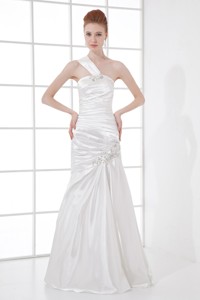 Simple Column One Shoulder Taffeta Ruching Beading White Wedding Dress 