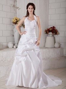 Amazing Halter Court Train Taffeta Ruch Wedding Dress