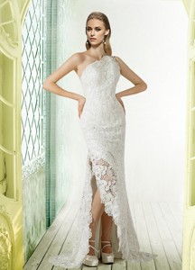 Lace One Shoulder Brush Train Column Wedding Dress