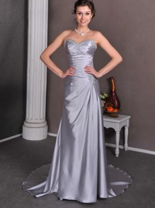 Sliver Sweetheart Court Train Elastic Wove Satin Beading And Ruch Prom Dress
