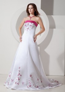 Elegant Princess Strapless Brush Train Satin Embroidery Wedding Dress