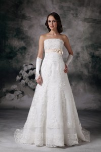 Perfect Strapless Court Train Lace Bowknot Wedding Dress