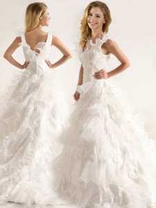 Fashionable Applique And Ruffled Layers Wedding Dress With Deep V Neck