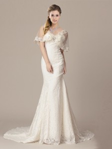 Gorgeous Mermaid V Neck Court Train Short Sleeves Wedding Dress With Lace And Appliques