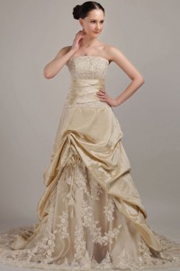 Elegant Champagne Princess Strapless Court Train Taffeta Wedding Dress