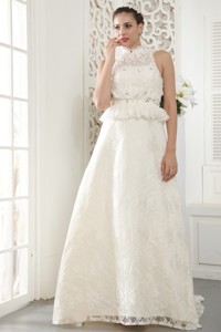 Popular High-neck Brush Train Lace Beading And Ruch Wedding Dress