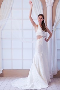Perfect Halter Watteau Train Lace Beading Wedding Dress
