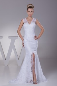 Romantic Mermaid V-neck Lace Wedding Dress Online for Sale 