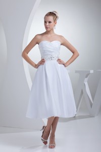 Tea-length Sweetheart Ruche Bridal Dress with Jewelry Decorated Ribbon 
