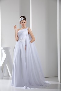 Column Single Shoulder Watteau Train Wedding Dress with Beaded Ribbon 
