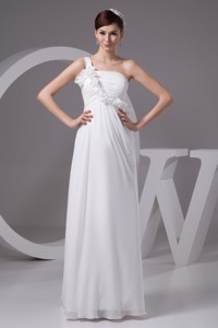 One Shoulder Floor-length Wedding Dress With Ruches And Flowers