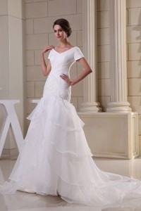 Appliques and Ruching V-neck Short Sleeves Wedding Dress 