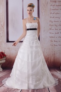 Appliques Halter Brush Train Wedding Dress In White