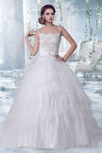 Puffy Court Train Square Embroidery Swedding Dress With Cap Sleeves
