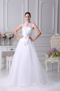 Beading Court Train Halter Wedding Dress With Fitted Waist