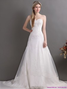 Gorgeous Laced Brush Train White Wedding Dress In White