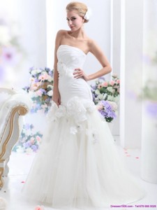 White Brushtrain Strapless Bridal Gowns With Ruching