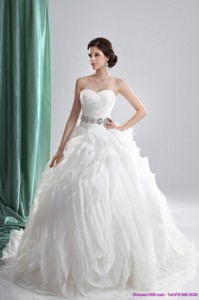 White Sweetheart Ruching Wedding Dress With Brush Train And Beading