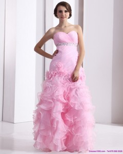 Baby Pink Sweetheart Ruching Wedding Dress With Ruffles And Beading