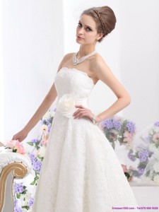 Brand New Strapless Ankle-length Wedding Dress with Hand Made Flowers 