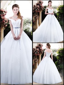 Cheap Off The Shoulder Wedding Dress With Appliques And Belt