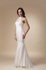 Fashionable Mermaid High-neck Brush Train Taffeta and Lace Wedding Dress 