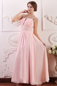 Baby Pink Empire Scoop Straps Prom Dress with Beading and Ruching