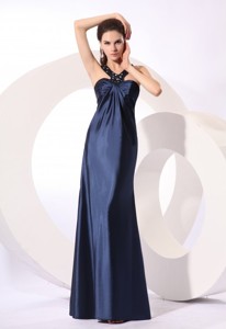 Empire Halter Navy Blue Beading Long Elastic Woven Satin Prom Dress