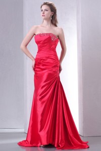 Strapless Coral Red Sweep Train Beaded Decorate Prom Dress