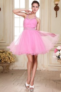 Rose Pink Halter Top Neck Mini-length Beading Prom Dress with Organza