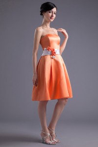Orange Red Strapless Sash Knee-length Satin Prom Dress