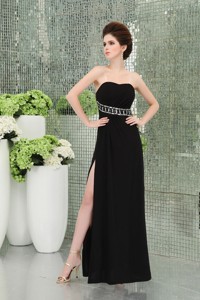 Strapless Empire Black Chiffon Belt Prom Dress with High Slit Ruchings