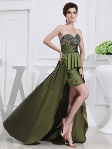 Sweetheart High-low Beading Ruching Taffeta Olive Green Prom Dress