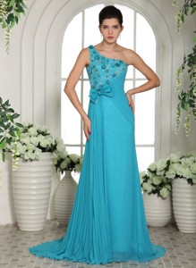 Baby Blue Hand Made Flowers And Ruch One Shoulder Prom Gowns With Brush Train