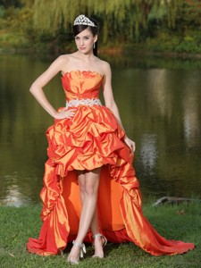 High-low Orange Red Taffeta Dama Dress For Quinceanera With Strapless Lace-up