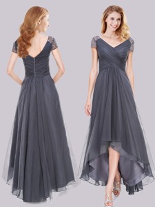 Lovely Beaded Decorated Short Sleeves High Low Grey Prom Dress