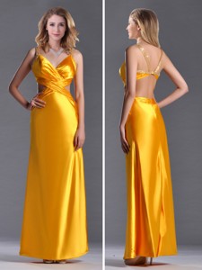 Luxurious Beaded Decorated Straps Criss Cross Prom Dress in Gold