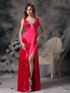 Sexy Coral Red Evening Dress Column V-neck Elastic Woven Satin Beading and Ruch Floor-length